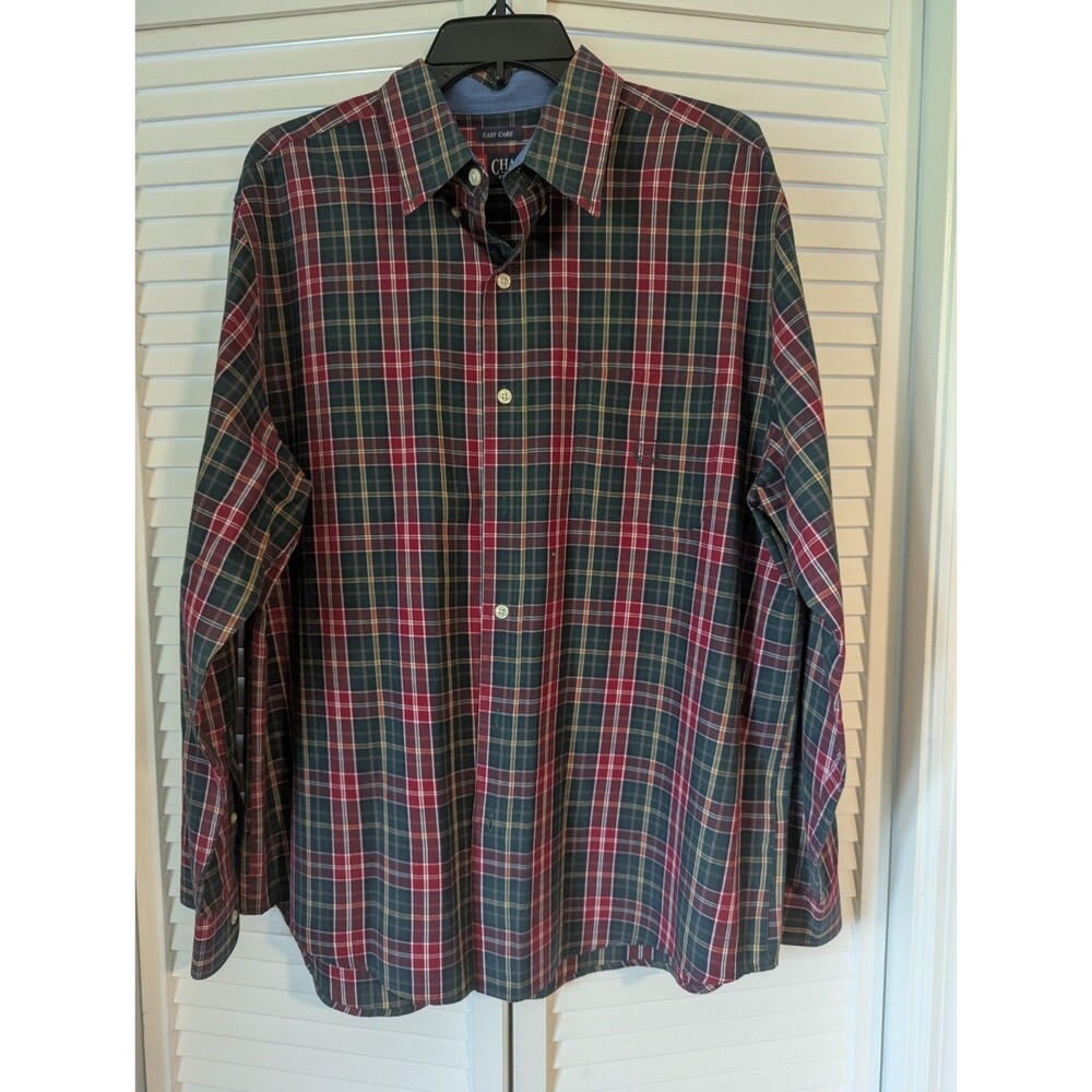 Chaps Mens XL Button Front Shirt Long Sleeve Easy Care Plaid Green Red Cotton...